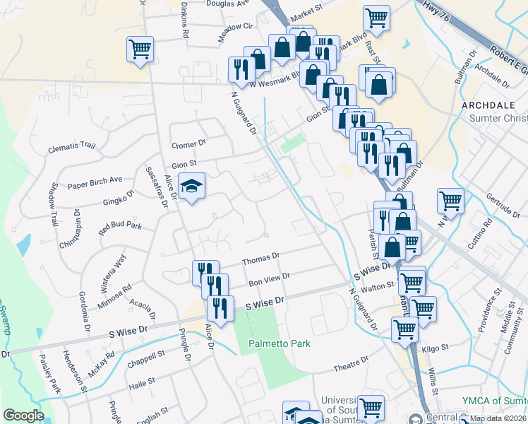 map of restaurants, bars, coffee shops, grocery stores, and more near 931 Grimble Court in Sumter