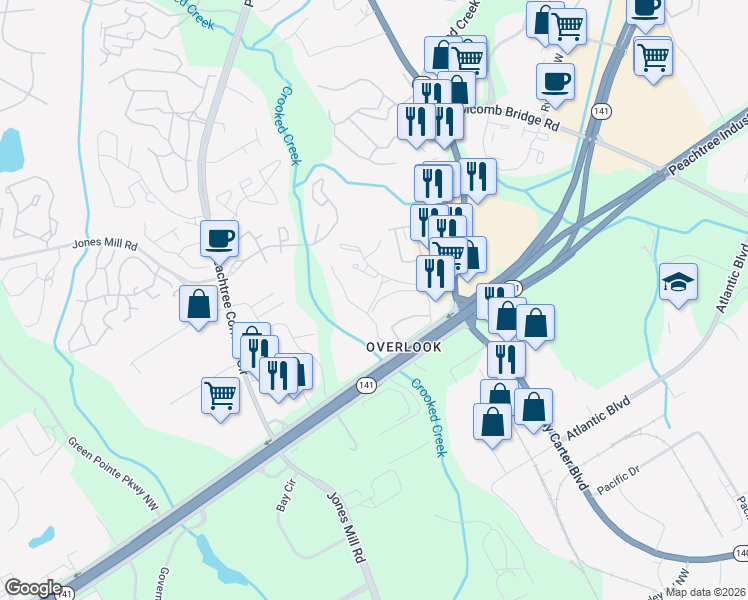 map of restaurants, bars, coffee shops, grocery stores, and more near in Overlook