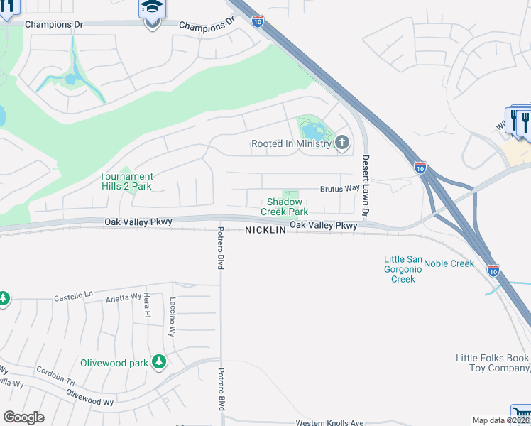 map of restaurants, bars, coffee shops, grocery stores, and more near 37575 Parkway Drive in Beaumont