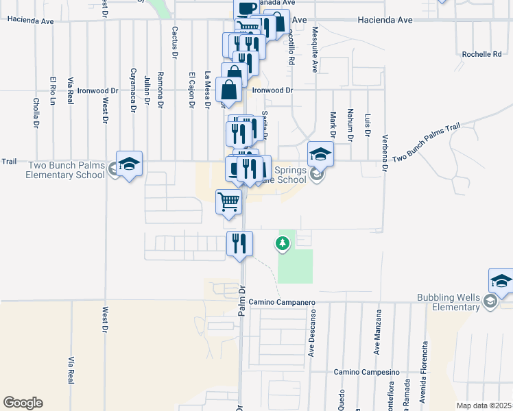 map of restaurants, bars, coffee shops, grocery stores, and more near 14256 Palm Drive in Desert Hot Springs