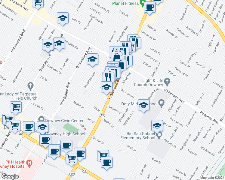 map of restaurants, bars, coffee shops, grocery stores, and more near 10355 Lakewood Boulevard in Downey