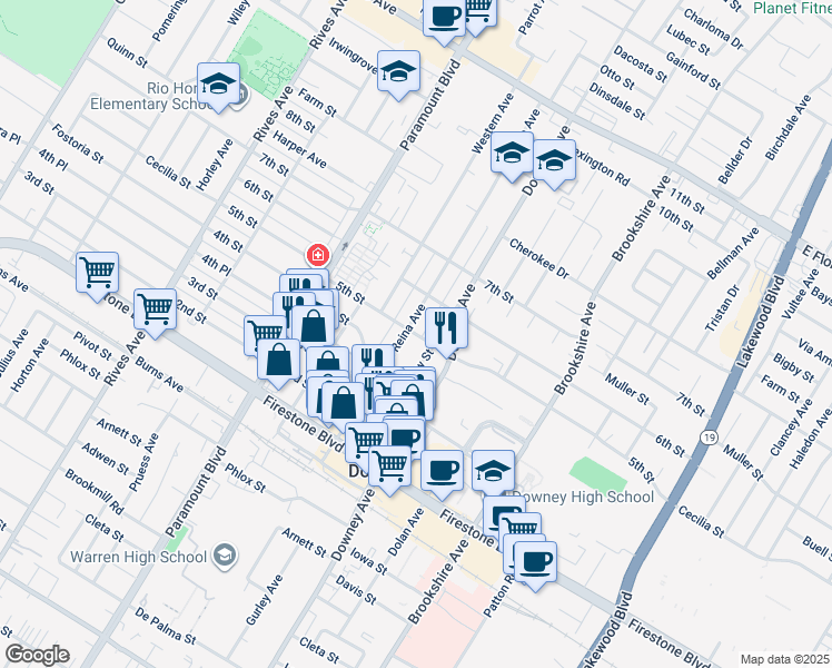 map of restaurants, bars, coffee shops, grocery stores, and more near 8143 5th Street in Downey