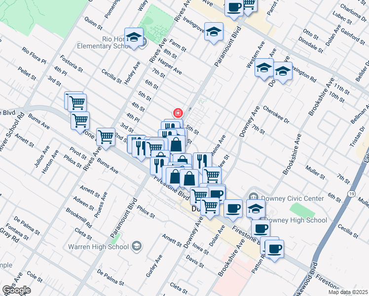 map of restaurants, bars, coffee shops, grocery stores, and more near 8018 4th Street in Downey
