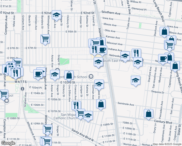 map of restaurants, bars, coffee shops, grocery stores, and more near in Los Angeles