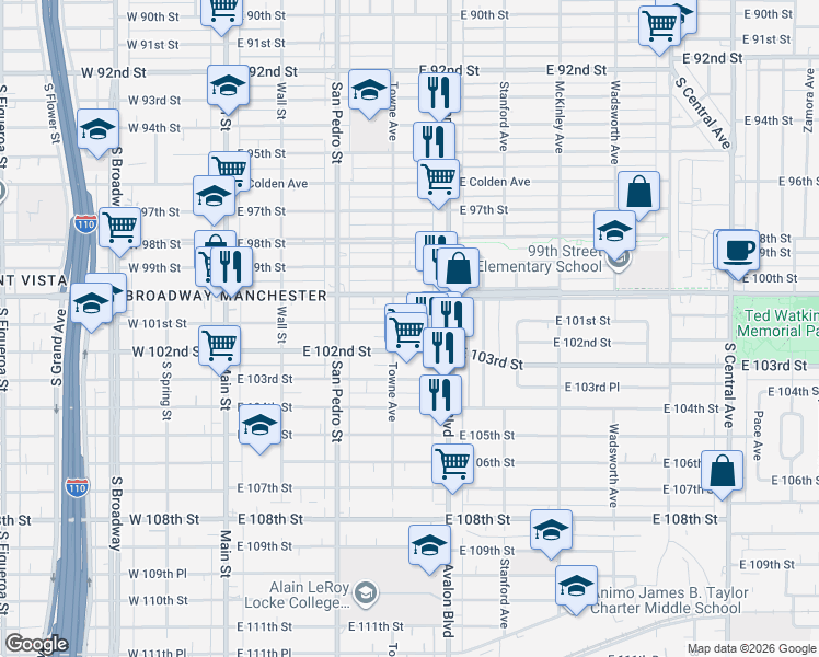 map of restaurants, bars, coffee shops, grocery stores, and more near 437 East 101st Street in Los Angeles