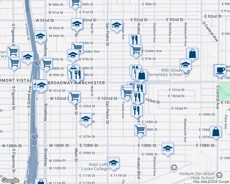 map of restaurants, bars, coffee shops, grocery stores, and more near 315 East 101st Street in Los Angeles
