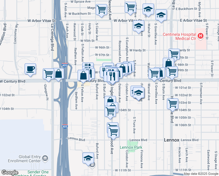 map of restaurants, bars, coffee shops, grocery stores, and more near 10014 South Burl Avenue in Inglewood