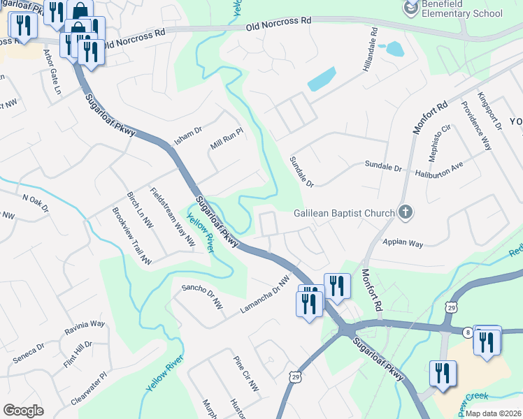 map of restaurants, bars, coffee shops, grocery stores, and more near 1583 River Main Court in Lawrenceville