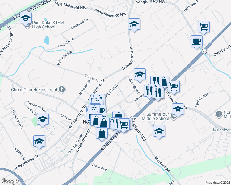 map of restaurants, bars, coffee shops, grocery stores, and more near 202 Wingo Street Northwest in Norcross