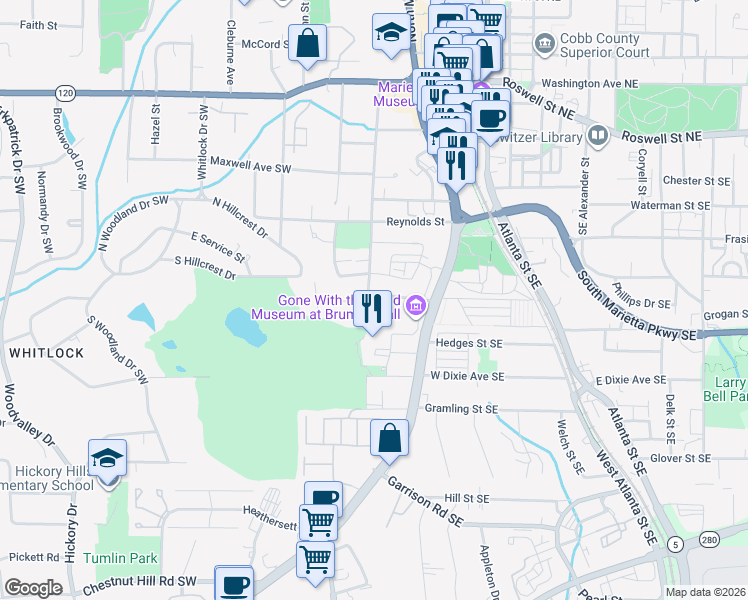 map of restaurants, bars, coffee shops, grocery stores, and more near 524 Henry Drive Southwest in Marietta