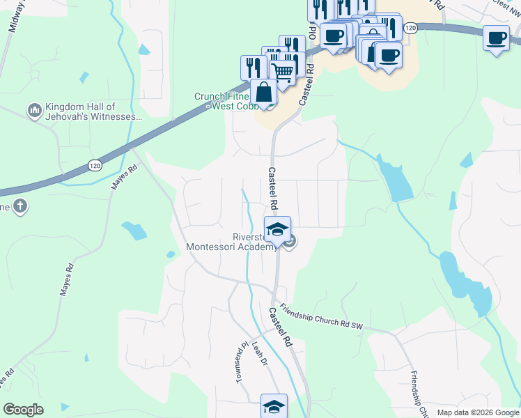 map of restaurants, bars, coffee shops, grocery stores, and more near 320 Dewpoint Court Southwest in Marietta