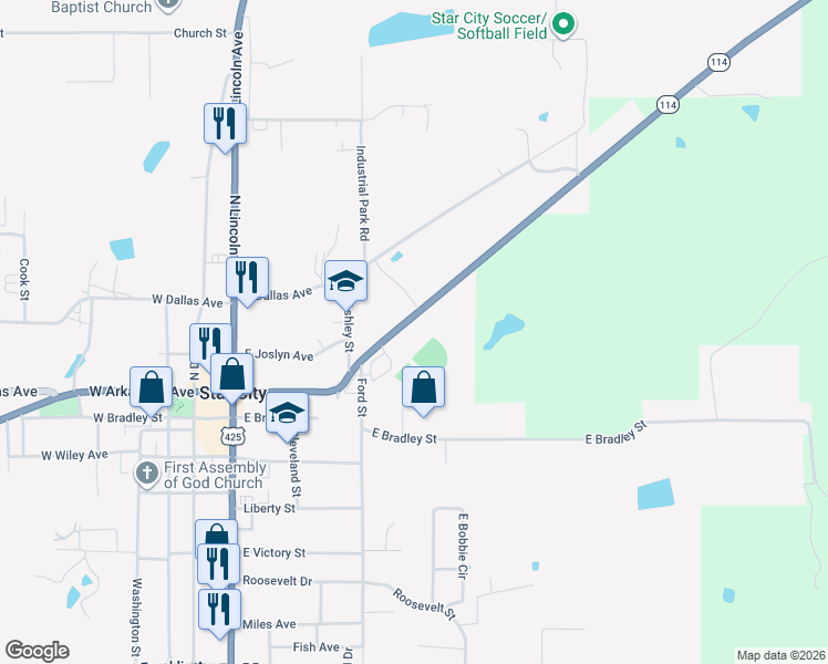map of restaurants, bars, coffee shops, grocery stores, and more near 614 East Arkansas Street in Star City