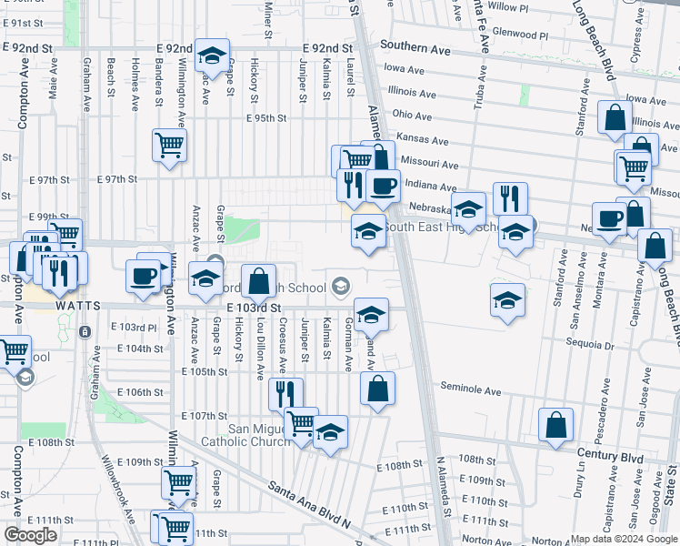 map of restaurants, bars, coffee shops, grocery stores, and more near 2265 East 103rd Street in Los Angeles