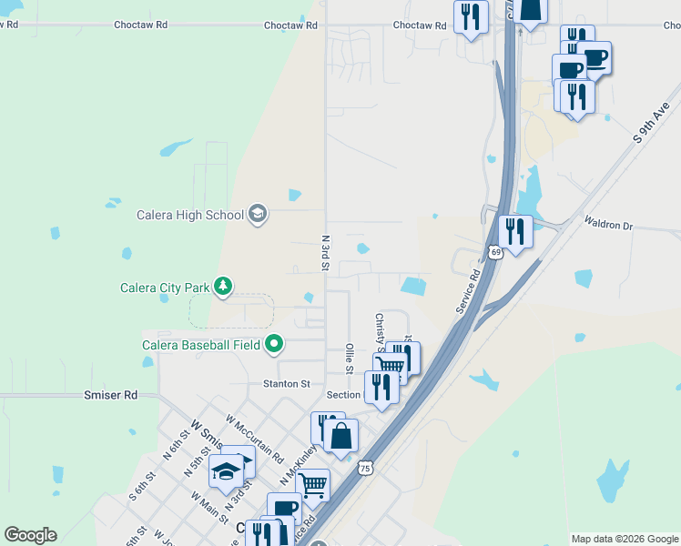 map of restaurants, bars, coffee shops, grocery stores, and more near 201 Cottonwood Street in Calera