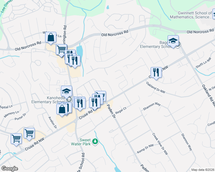 map of restaurants, bars, coffee shops, grocery stores, and more near 999 Country Oaks Court in Lawrenceville