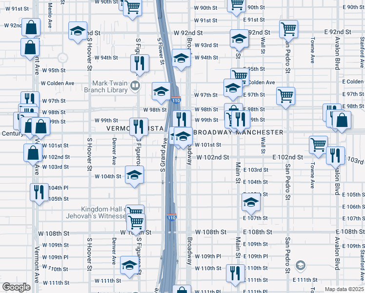 map of restaurants, bars, coffee shops, grocery stores, and more near 1 West 101st Street in Los Angeles