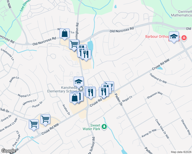 map of restaurants, bars, coffee shops, grocery stores, and more near 2840 Binghampton Lane in Lawrenceville