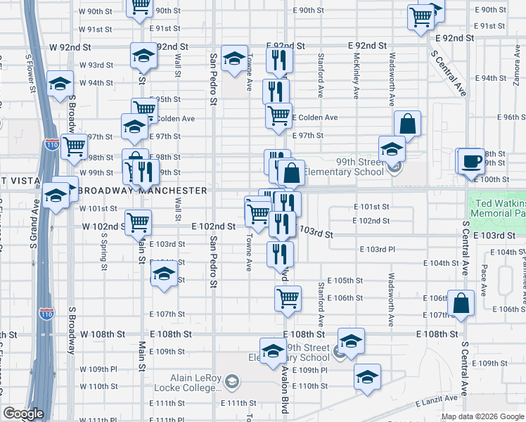 map of restaurants, bars, coffee shops, grocery stores, and more near 424 East 101st Street in Los Angeles
