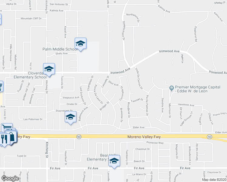map of restaurants, bars, coffee shops, grocery stores, and more near 26080 Bridger Street in Moreno Valley