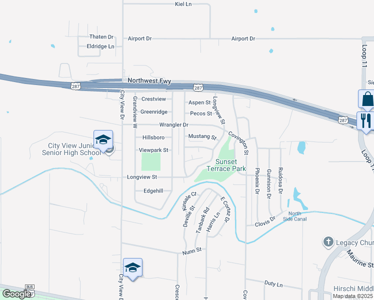 map of restaurants, bars, coffee shops, grocery stores, and more near 4114 Palomino Street in Wichita Falls