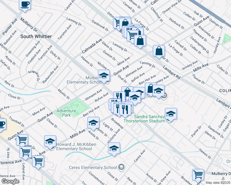 map of restaurants, bars, coffee shops, grocery stores, and more near 14039 Mulberry Drive in Whittier
