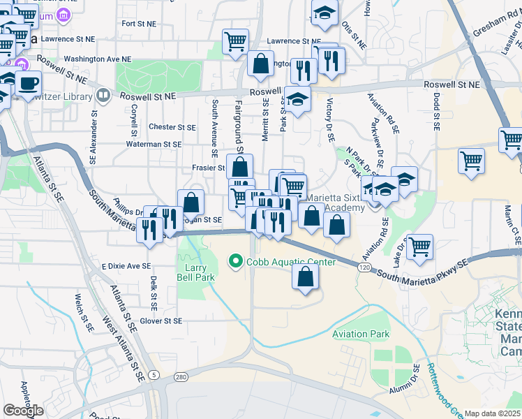 map of restaurants, bars, coffee shops, grocery stores, and more near 600 Southeast Haley Street in Marietta