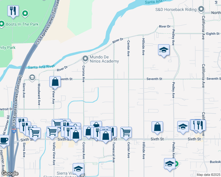 map of restaurants, bars, coffee shops, grocery stores, and more near 4322 Temescal Avenue in Norco