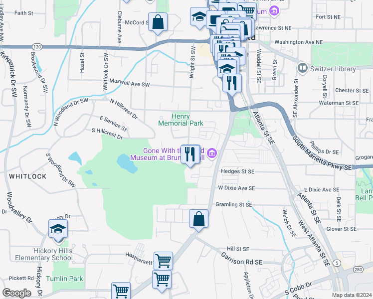 map of restaurants, bars, coffee shops, grocery stores, and more near 76 Griggs Street Southwest in Marietta