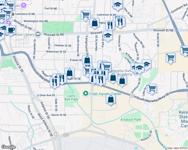 map of restaurants, bars, coffee shops, grocery stores, and more near 600-644 Haley Street in Marietta