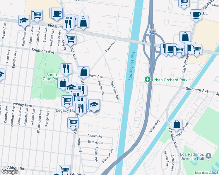 map of restaurants, bars, coffee shops, grocery stores, and more near 5242 Mccallum Avenue in South Gate