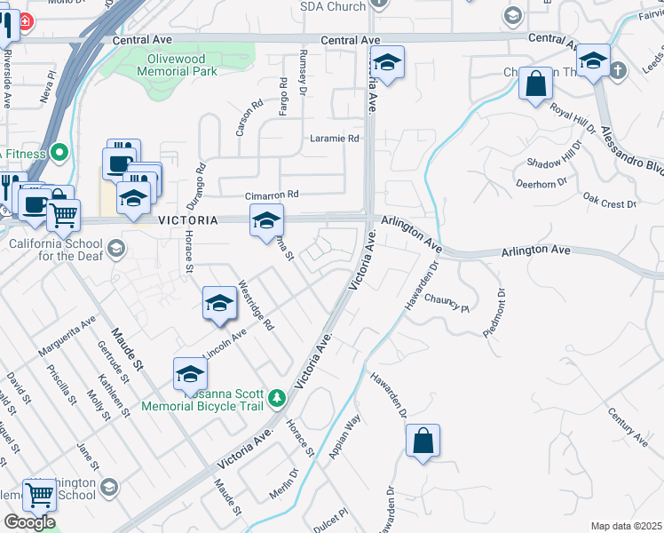 map of restaurants, bars, coffee shops, grocery stores, and more near 5988 Maybrook Circle in Riverside
