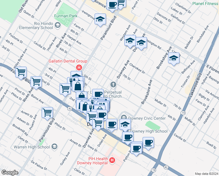 map of restaurants, bars, coffee shops, grocery stores, and more near 10731 New Street in Downey