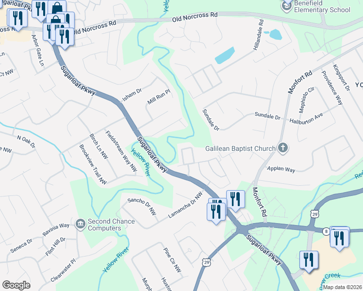 map of restaurants, bars, coffee shops, grocery stores, and more near 1583 River Main Court in Lawrenceville
