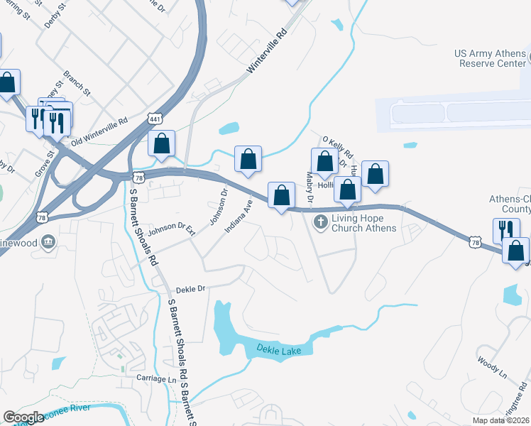 map of restaurants, bars, coffee shops, grocery stores, and more near 1802 Lexington Road in Athens
