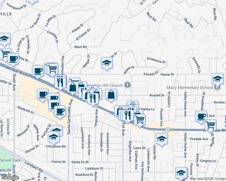 map of restaurants, bars, coffee shops, grocery stores, and more near 10123 Groveside Avenue in Whittier
