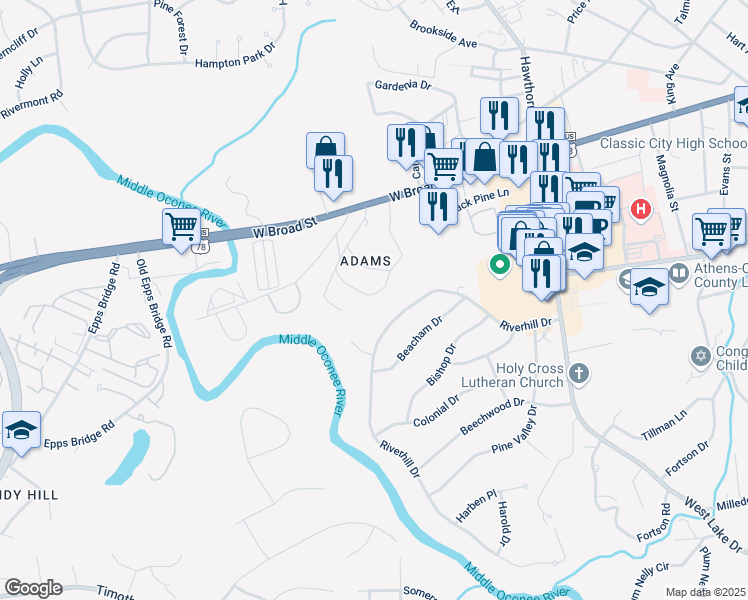 map of restaurants, bars, coffee shops, grocery stores, and more near 170 Dell Avenue in Athens