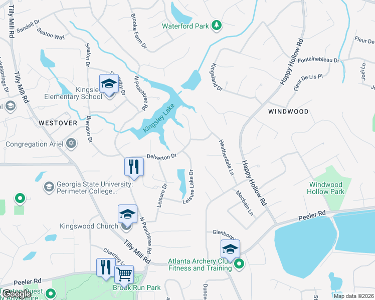 map of restaurants, bars, coffee shops, grocery stores, and more near 2353 Delverton Drive in Dunwoody