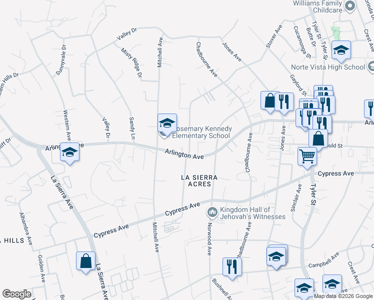 map of restaurants, bars, coffee shops, grocery stores, and more near 6420 Stover Avenue in Riverside