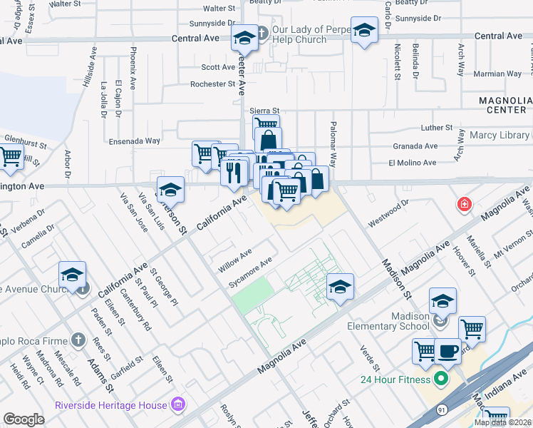 map of restaurants, bars, coffee shops, grocery stores, and more near 4133 Melrose Street in Riverside
