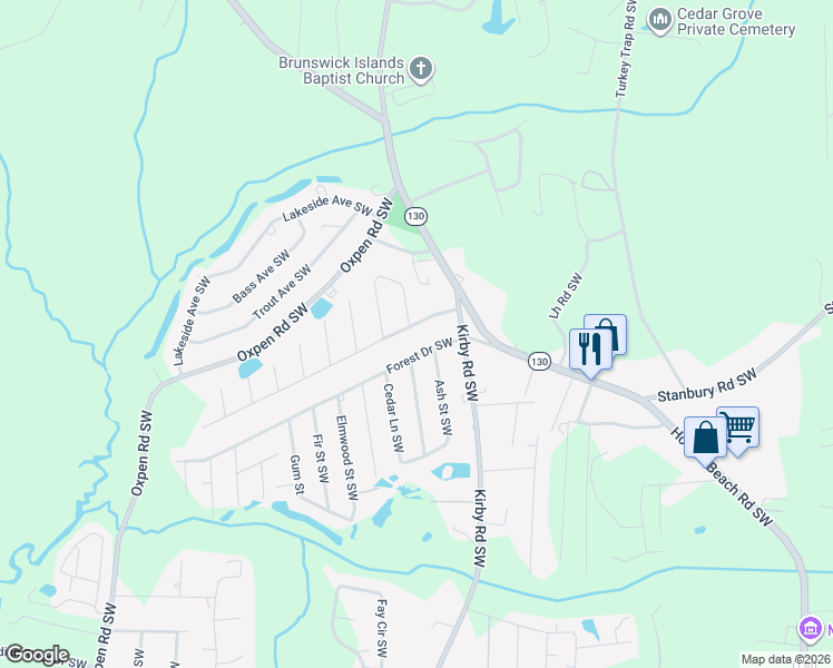 map of restaurants, bars, coffee shops, grocery stores, and more near 2041 Seashore Hills Rd SW in Brunswick