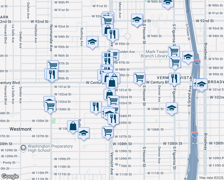 map of restaurants, bars, coffee shops, grocery stores, and more near West 101st Street in Los Angeles