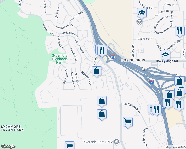 map of restaurants, bars, coffee shops, grocery stores, and more near 5880 Fair Isle Drive in Riverside