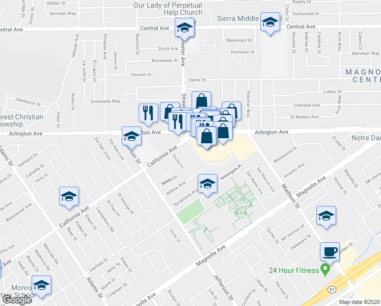map of restaurants, bars, coffee shops, grocery stores, and more near 7726 California Avenue in Riverside