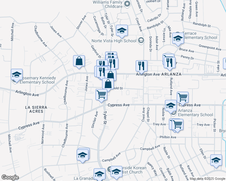map of restaurants, bars, coffee shops, grocery stores, and more near 10235 Gould Street in Riverside