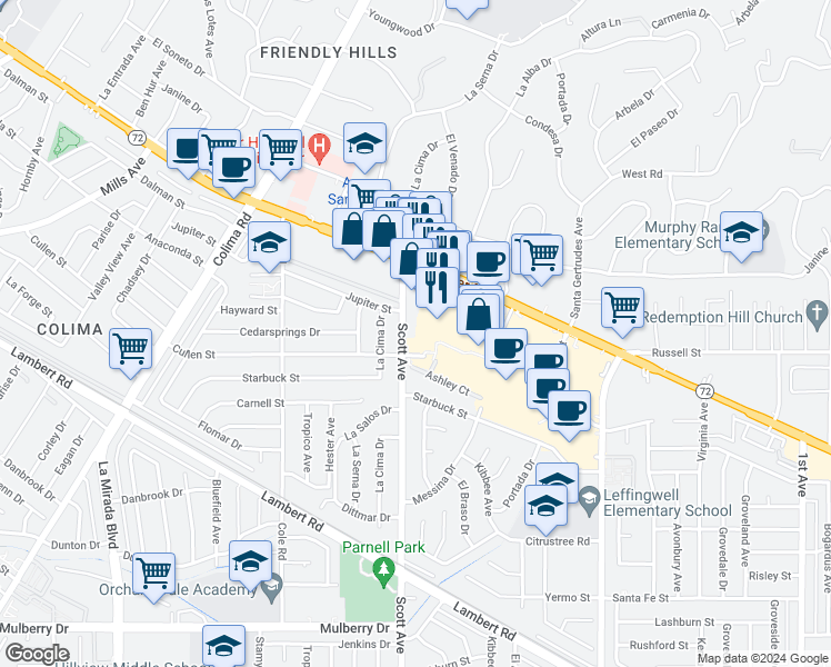 map of restaurants, bars, coffee shops, grocery stores, and more near 10114 Scott Avenue in Whittier