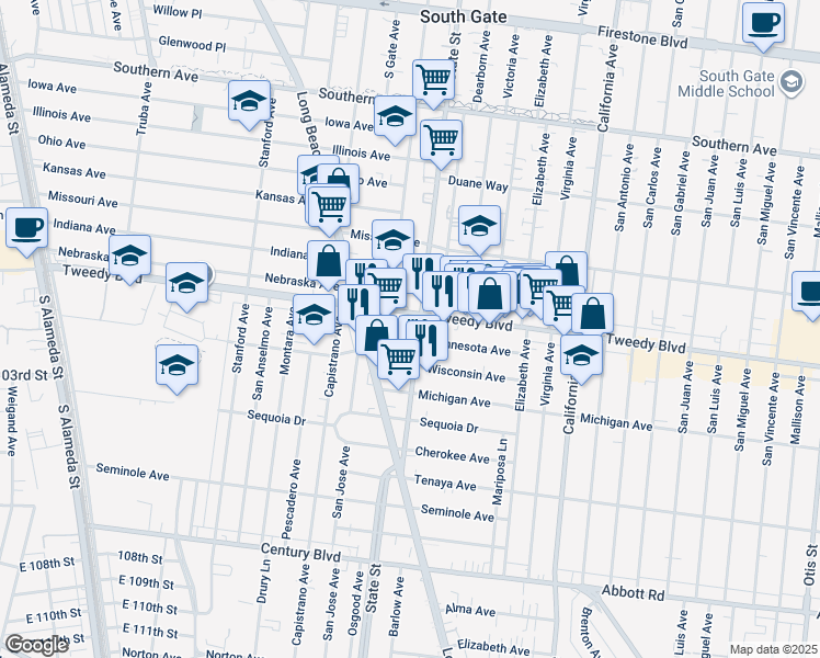 map of restaurants, bars, coffee shops, grocery stores, and more near in Los Angeles County