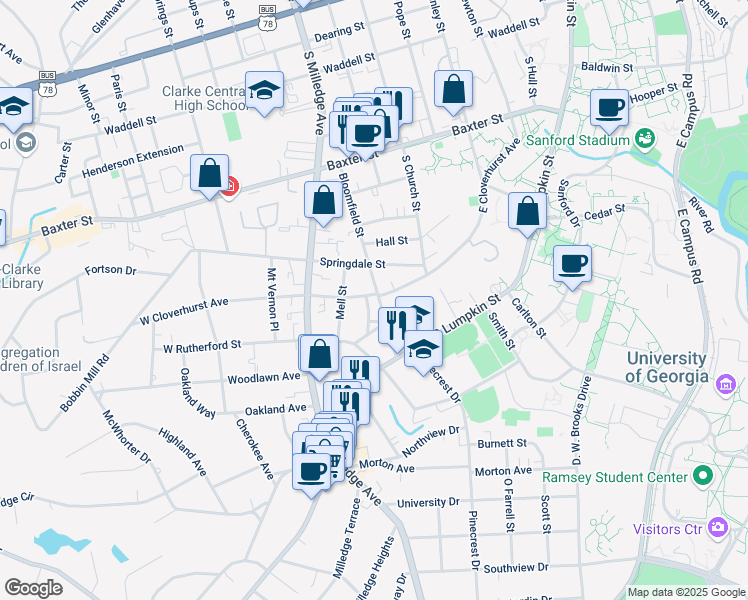 map of restaurants, bars, coffee shops, grocery stores, and more near 124 West Cloverhurst Avenue in Athens
