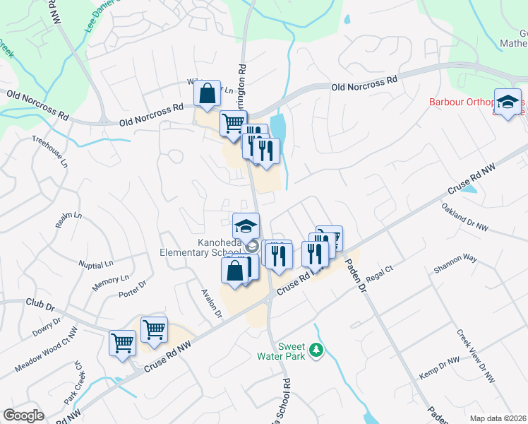 map of restaurants, bars, coffee shops, grocery stores, and more near 2490 Emma Way Northwest in Lawrenceville