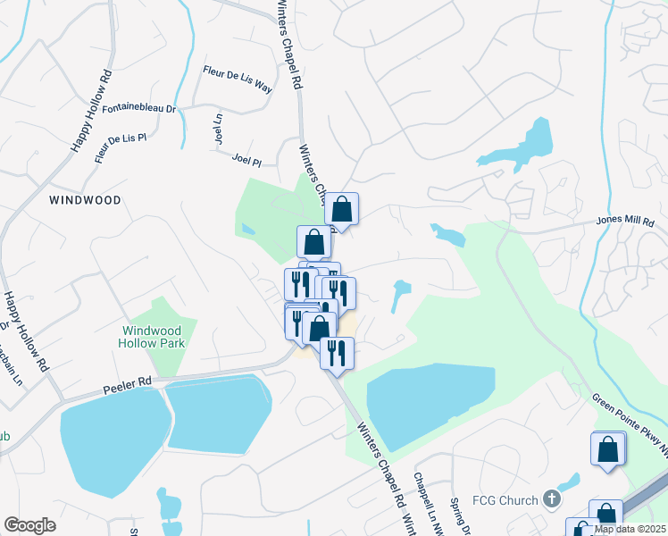 map of restaurants, bars, coffee shops, grocery stores, and more near 5075 Winters Chapel Road in Atlanta