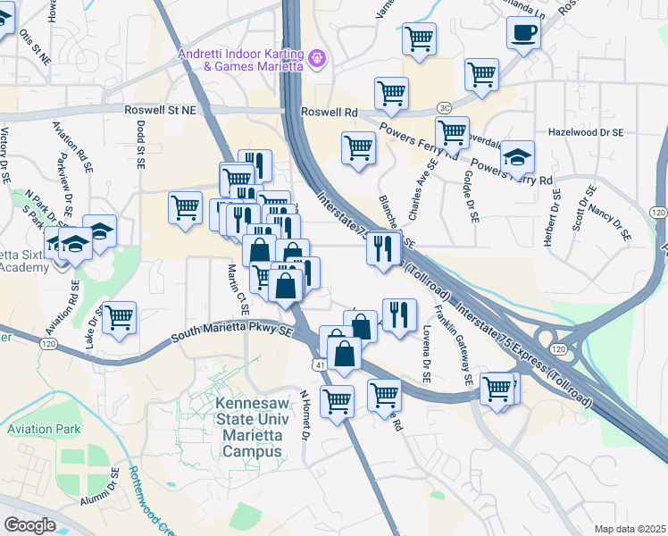 map of restaurants, bars, coffee shops, grocery stores, and more near 1292 Banberry Road Southeast in Marietta